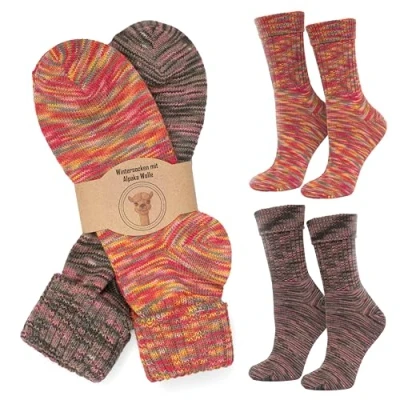 Bild av MOUNTREX® Alpacka strumpor, ullstrumpor för kvinnor och män vinterstrumpor, varma husstrumpor, termostrumpor tunna gosiga strumpor 2 par, Orange/Rosa/Grå, 35 38 EU