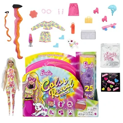 Bild av Barbie Color Reveal docka helt klädd i neon, med platinablont hår gula och slingor plus 25 överraskningar, inklusive färgförändring, present till barn, HCD26