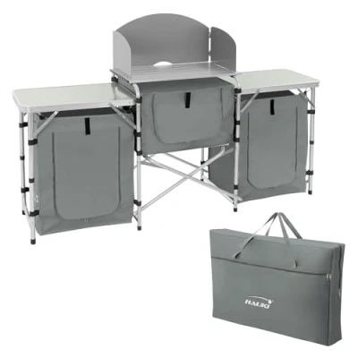 Bild av Hauki campingkök, grå, hopfällbart campingskåp med bärväska, resekök vindskydd, köksskåp bänkskiva, förvaringsfack, utomhuskök i aluminium, hopfällbar kökslåda, bärbart tältskåp