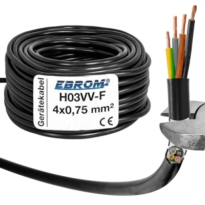 Bild av EBROM Plastslangledning rund, LED kabel, strömkabel, enhetskabel H03VV F 4 x 0,75 mm² färg: svart, många längder i steg om 5 m upp till 250 meter G0,75 mm2, din kabellängd: