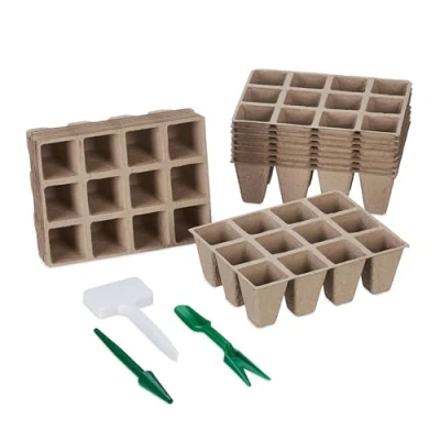 Bild av Relaxdays Odlingskrukor set med 192, inklusive tillbehör, biologiskt nedbrytbara, odlingskrukor, HBT: 5 x 3,5 cm, brun