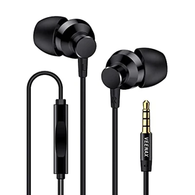 Bild av VEENAX M2 Trådbundna Hörlurar, In Ear Hörlurar med Mikrofon, Hållbar Trasselfri Sladd, Stereo Öronsnäckor Djup Bas för Mobiltelefon Dator PC Laptop Tablet MP3 MP4, 3,5 mm Uttag, Svart