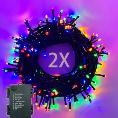 Bild av Ljusslinga batteri 2 st 100 lysdioder 10 m LED ljuskedja utomhus och inomhus med timer, 8 lägen ljuskedjor batteridriven för jul, trädgård, fester, grön kabel vattentät, färgglad