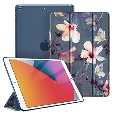 Bild av Fintie fodral för iPad 10,2 tum (nionde /8. /7. generationen, modell 2021/2020/2019) ultratunt skyddsskal med transparent baksida, skydd som automatiskt sömn/vax, blommande hibiskus