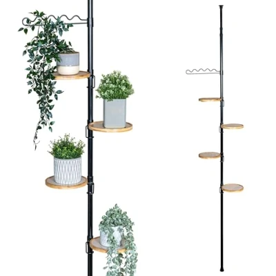 Bild av bremermann Blomhylla med teleskop, 4 bambuhyllor, blomtrappa, höjdjusterbar blompelare (svart)