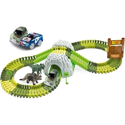 Bild av Amewi 100651 Rennbahn Magic Traxx racingbana i Dino Park, 374 delar mega set med tunnel och förvaringslåda