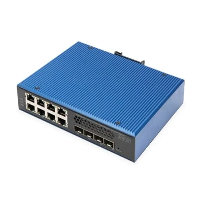 Bild av DIGITUS Nätverksswitch 12 portars Gigabit Ethernet 8x RJ45 + 4x SFP+ 10Gigabit IP40 L3 hanterad, VLAN 10/100/1000 Mbit/s DIN skenmontage industriell serie svart/blå