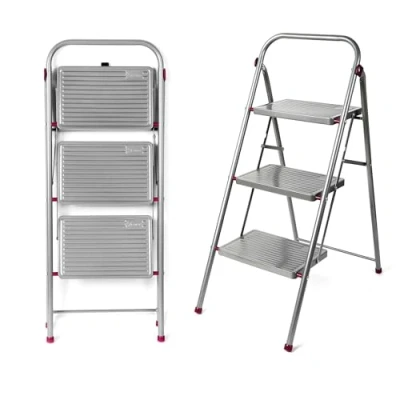 Bild av Kleeneze KL068514EU 3 stegs hopfällbar stege med steg, robust gör det själv för inomhus/utomhus, max kapacitet 150 kg, 105 cm, rosa/grå