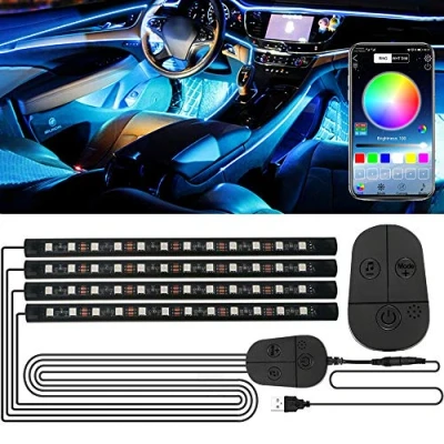 Bild av Lacasa LED Inomhusbelysning Bil, 4 st 48 Bil RGB Strip Ljus med uppgraderad APP och Controller, Uppgradera Två Linjer Design, Vattentät DIY Färg Musik Synkronisera Interiörbelysning, 5V USB port
