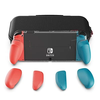 Bild av Skull &amp; Co. GripCase OLED Bundle for Nintendo Switch Model: A Dockable Transparent Protective Case with Interchangeable Grips [to fit All Hands Sizes] [with Carrying Case] Neon Blue+Neon Red