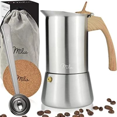Bild av Milu Espressobryggare (2 Cup No induktion) 2, 4, 6, 9 koppar rostfritt stål mockakanna, espressokanna, set inklusive underlägg, sked (handtag: Träutseende, 2 (100 ml))