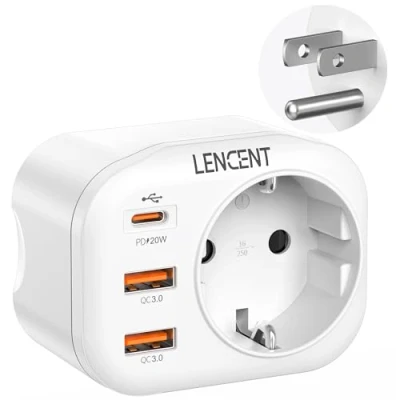 Bild av LENCENT Reseadapter Sverige/EU till USA Adapter, Typ B Travel Adapter Snabb Laddning Plug med 2 USB QC3.0 + 1 C PD 20W, 4 i Socket Strömadapter för Amerika, Kanada, Mexiko Uttag, Vit