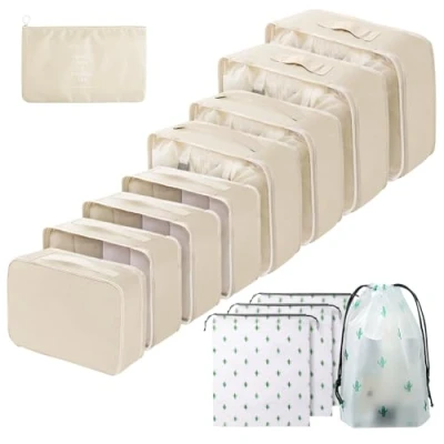 Bild av Arrangör set med 13 delar, vattentäta packningskuber, multifunktionella resepackkuber, bagageorganisatör packpåsar för resväskor, researrangör klädväskor (beige)