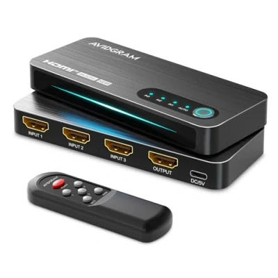 Bild av HDMI 2.1 Switch 4K 120Hz, AVIDGRAM Switcher 3 in 1 Out med IR fjärrkontroll, portar 8K 60Hz Auto Selector slim Hub 48Gbps, kompatibel Xbox Series X, PS4 Pro, PS5, UHD TV, Monitor