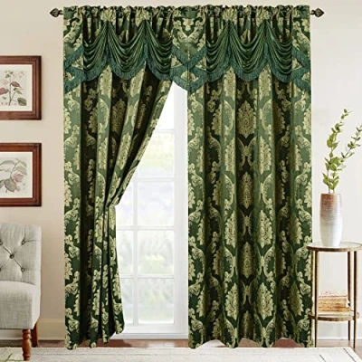Bild av Elegant Comfort Gardinpanelset i Jacquardstil, med vattenfallskappa, 137 x 213 cm, set 2 stycken, jägargrön/salviagrön
