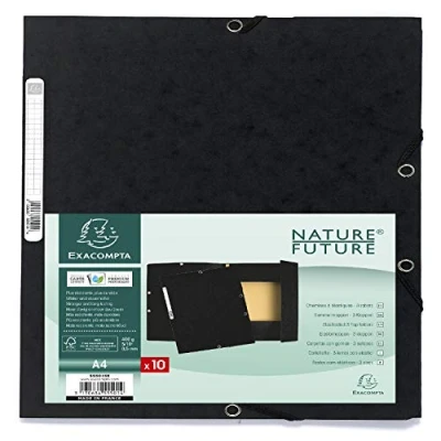 Bild av Exacompta Ref 5501SE elastiska mappar med 3 flikar lämplig för att hålla A4 dokument, 400 gsm glansigt kort, ryggetikett identifiering svart (paket 10)