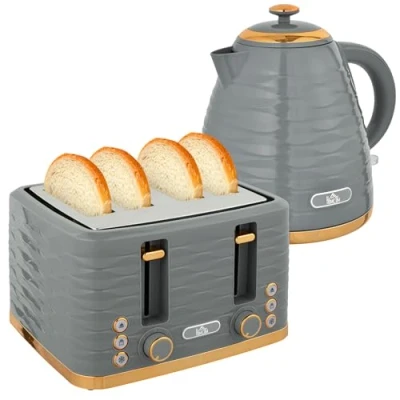 Bild av HOMCOM Frukostset med 1,7 liters vattenkokare, brödrost 4 skivor, 2 200 W, 7 nivåer av rostning, avfrostning, uppvärmning och smulbricka, termostat Otter grå
