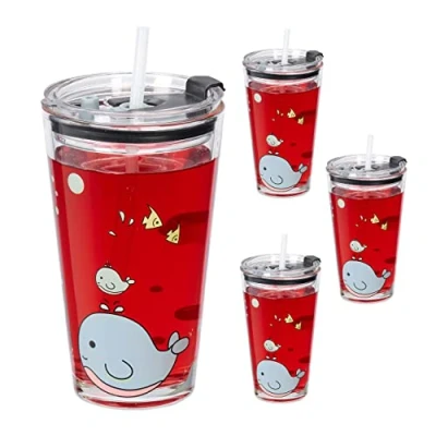 Bild av Relaxdays Barnglas set om 4, valmotiv, dricksglas barn, lock och sugrör, 450 ml skala, glasbägare, transparent