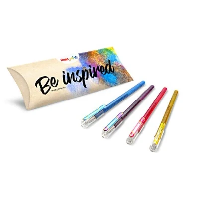 Bild av Pentel Arts Hybrid Dual Metallic K110, Metallisk Gelbläckrulle, 4 pack blandade färger (blå + grön metallic, lila metalliskt blått, rosa+metalliskt rosa och guld) sortiment av