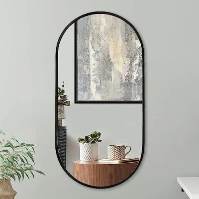 Bild av Americanflat 50 x 100 cm svart oval spegel aluminium inramad stor badrumsspegel väggspegel för vardagsrum och sovrum hängande med modern rundad ram