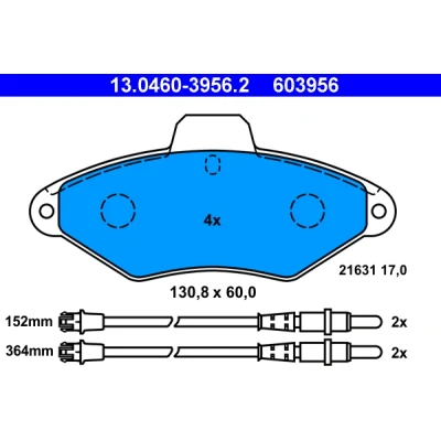 Bild av ATE 13.0460 3956.2 Jeu de plaquettes frein contact signal d&#039;usure inclus CITROËN: Xantia 3/5 portes, 5 Break
