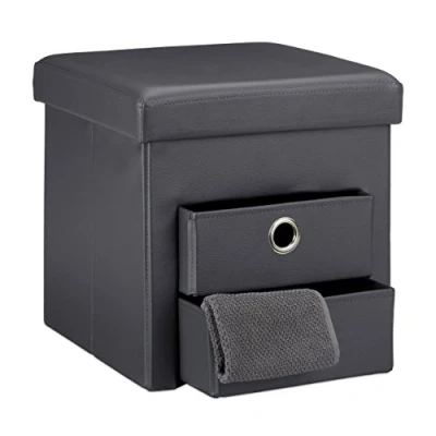 Bild av Relaxdays Vikbar förvaringsottoman med 2 utdragbara fack, fotpall total storlek: 38 x cm sittpuff i fuskläder vikbart förvaringsutrymme avtagbar boxpall, grå