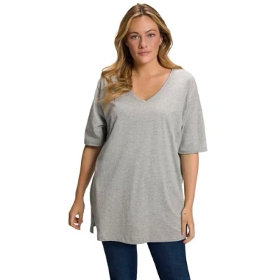 Bild av Ulla Popken dam Basic v T shirts, Ljusgrå lång, 66/68 SE