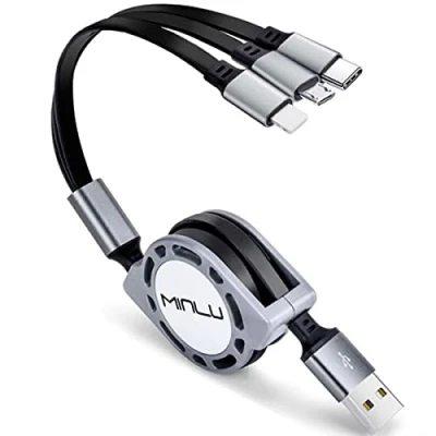 Bild av Minlu Multiladdningskabel, Utdragbar Multiladdningskabel 3 i 1 Snabbladdning [3A 1,2M] USB Laddningskabel med IP/Typ C/Micro för telefon 16 15 14 13 12 11/Galaxy/Pixel/Sony/Surfplatta