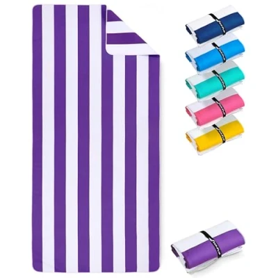 Bild av Strandhandduk XXL mikrofiberbadhandduk stor, lätta och snabbtorkande 100% återvunnen mikrofiberhandduk randig lila vit 200 cm x 90