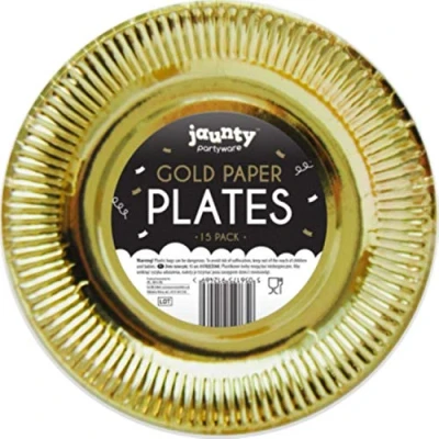 Bild av Set med 15 runda papperstallrikar i guld (diameter 22,9 cm)