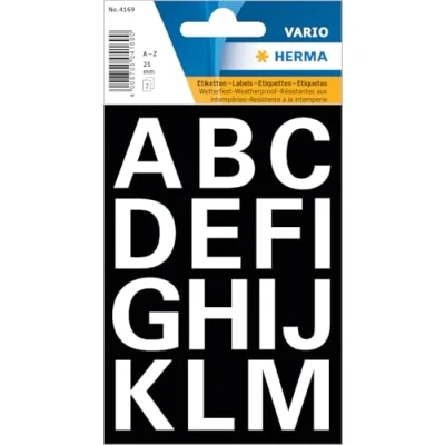 Bild av HERMA 4169 bokstäver klistermärken A Z, väderbeständig (teckenstoralek 25 mm, 2 ark, folie) självhäftande, permanenta alfabetsklistermärken, 30 etiketter, transparent/vit
