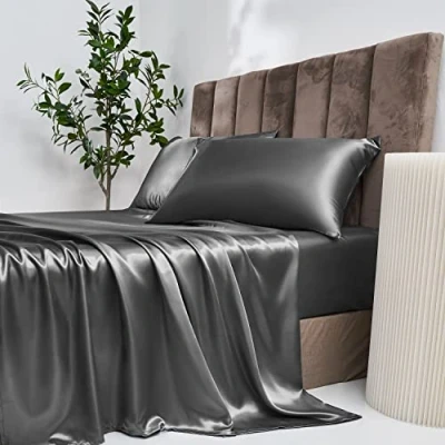 Bild av Damier satin spännlakan 90 x 200 cm grå mörkgrå silke glänsande resårlakan högkvalitativ deluxe lakan, lämpliga för madrasser upp till 30