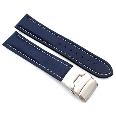 Bild av Sulla Klockband äkta läderarmband med vikspänne i rostfritt stål vit söm, blå, 22mm, Rem
