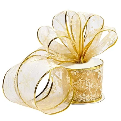 Bild av Belle Vous organza julband i guld 10 m x 63 mm, brett band med snöflingor och ståltråd, glittrande, julgran, för julgransdekorationer guldfärg presentinslagning, hantverk festdekoration