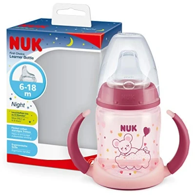 Bild av NUK 10215330 Glow in the dark First Choice+ trinklerflaska 618 månader 150 ml Anti kolik ventil läckagesäker drickspänne Ergonomiska handtag BPA fri tjej, rosa, 135 g