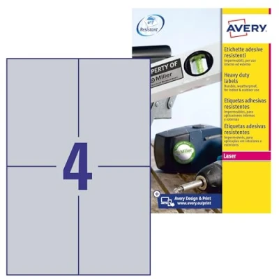 Bild av AVERY Zweckform L6134 20 typskylt, folieetiketter (80 klistermärken, 105 x 148 mm på A4, extremt starkt självhäftande, slitstark, väderbeständig, tryckbar självhäftande film, blank) ark, silver