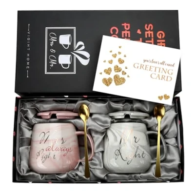 Bild av Mr Right och Mrs Always Keramiska kaffemuggar Set med 2 13 Oz Par tekopp lock sked, marmor muggar Bröllopspresenter till brud brudgum (rosa, grå)