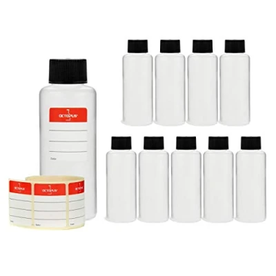 Bild av 10 x 100 ml plastflaskor, runda plastflaskor av HDPE, tom, gängdiameter 25 mm, stycken med lock