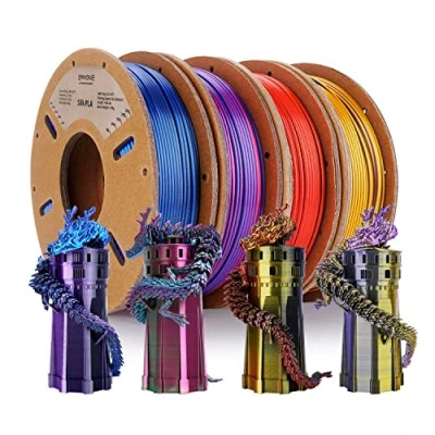 Bild av ERYONE samextruderat trefärgat silkesfilament PLA 1,75 mm, filament till 3D skrivare +/ 0,03 250 g/spole, 4 spolar/1 kg (2,2 pund), röd / guld svart, lila blå
