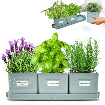 Bild av Grön Thumbz örtkrukor för köksfönsterbräda set med 3 blågröna örter planterare inomhus läderhandtag bricka perfekt en örtträdgård, växter och blommor etiketter ingår