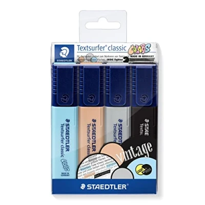 Bild av Staedtler Textsurfer Classic 364, Textmarker, Hohe Qualität Made in Germany, mit großem Tintenspeicher für extra lange Markierleistung, Etui 4 Farben, Vintage, 364 Cwp4