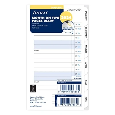 Bild av Filofax Personlig månad på två sidor, engelskt blockformat, registerkalender 2024