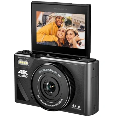 Bild av Easypix V64 Flip, digitalkamera med flipskärm, vikbar 3,0 tums skärm, upplösning upp till 64 MP, 18x digital zoom, WiFi, perfekt för vlogger och selfie inspelningar
