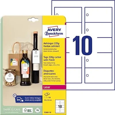 Bild av AVERY Zweckform T2001 10 stabila hängen 100 stycken inkl. snören (90 x 50 mm till A4, produkthängen med tryck på båda sidor, extra släta kanter, presentetiketter, prislappar) kartong 220 g, vit