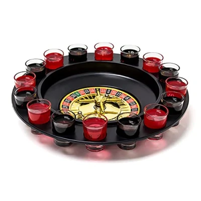 Bild av Relaxdays 10010182 Roulette Drickspel, partyspel med roterande hjul, snapsglas och kulor, roulettespel för fester, 18 år till 99 år, röd/svart, 7 x 30 cm