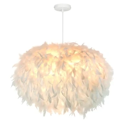 Bild av 55 cm/17,8 tum Ellipsoid vit fjäder hängande lampskärm taklampa ljuskrona för vardagsrum, sovrum, matsal