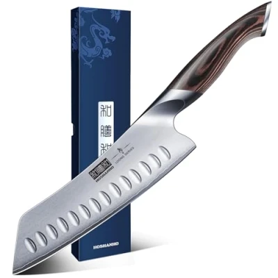 Bild av HOSHANHO 18 cm professionell Santoku kniv, superslipad kockkniv i rostfritt stål, multifunktionella köksknivar med ergonomiskt handtag