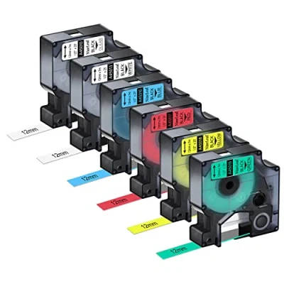 Bild av NineLeaf 6 x kompatibel med Dymo D1 12 mm etikettband 45013 45010 45016 45017 45018 45019 7 m för LabelManager 160 280 100 210D 360D 420P, svart klar/vit/gul /röd/grön/blå