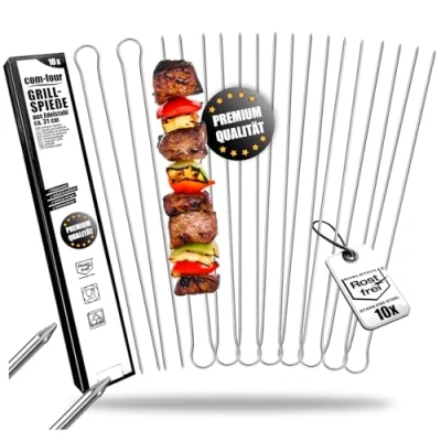 Bild av COM FOUR® 10x grillspett med handtag 31 cm BBQ dubbelspett av rostfritt stål 430 shashlikspett dubbla pinnar för att fixa kött, fisk, grönsaker (10 stycken rund)