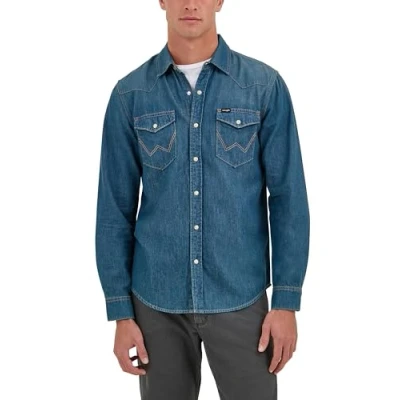 Bild av Wrangler herr ikonisk denim normal passform snäppskjorta knapp, Tobaksdenim, S